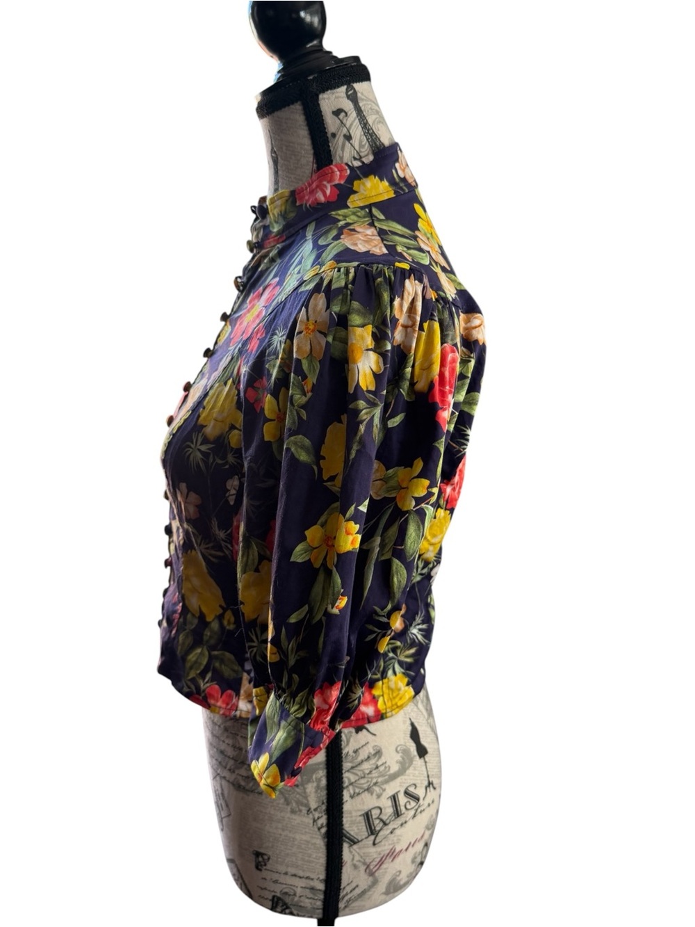 Marissa Webb Navy Floral Button-Front Blouse with Mandarin Collar - Picture 4 of 9